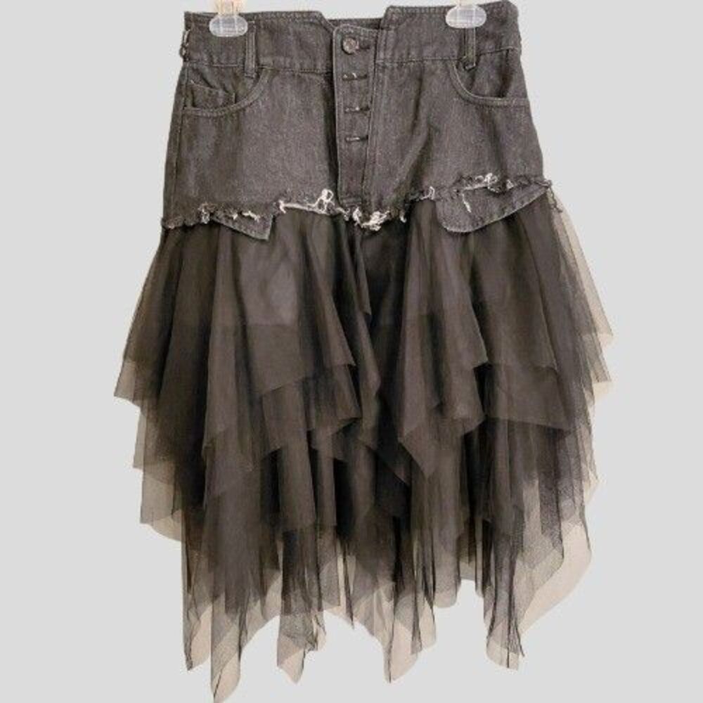 Y2K Fairy Grunge Denim Tulle Skirt 6 Goth Whimsigoth Layered Mesh Alt Festival